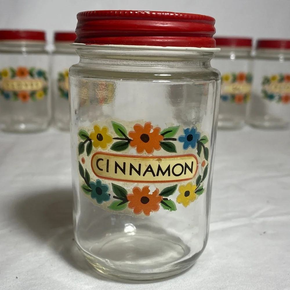 Vintage Set of 6 Glass Spice Jars with Red Metal Lids